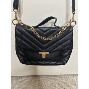 Black Quilted‎ Crossbody Bag Gold Chain Accent Chevron Purse Handbag 12"x8"